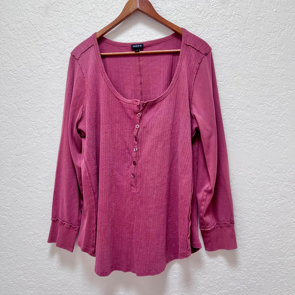 Torrid Womens Plus Size 3X Berry‎ Pink Ribbed Henley Long Sleeve Top